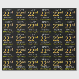 Black, Faux Gold "HAPPY 22nd BIRTHDAY" Wrapping Paper