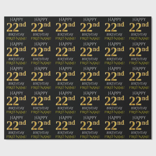 Black, Faux Gold "HAPPY 22nd BIRTHDAY" Wrapping Paper (Flat)
