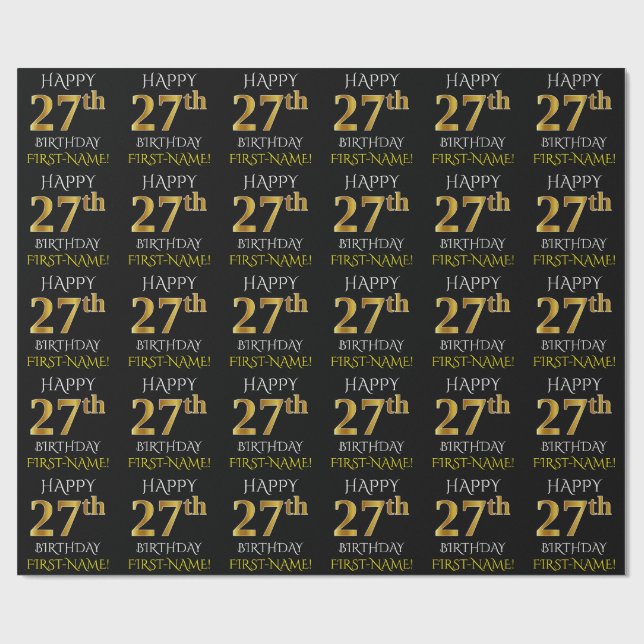 Black, Faux Gold "HAPPY 27th BIRTHDAY" Wrapping Paper (Flat)