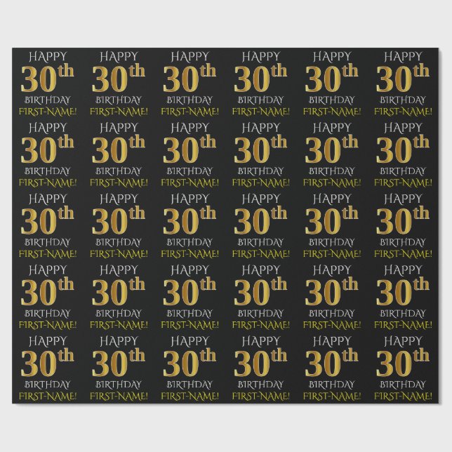 Black, Faux Gold "HAPPY 30th BIRTHDAY" Wrapping Paper (Flat)