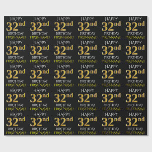 Black, Faux Gold "HAPPY 32nd BIRTHDAY" Wrapping Paper