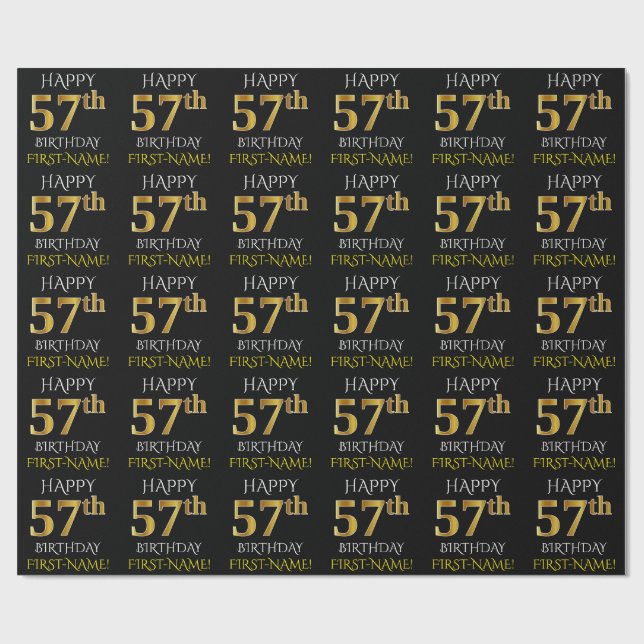 Black, Faux Gold "HAPPY 57th BIRTHDAY" Wrapping Paper (Flat)