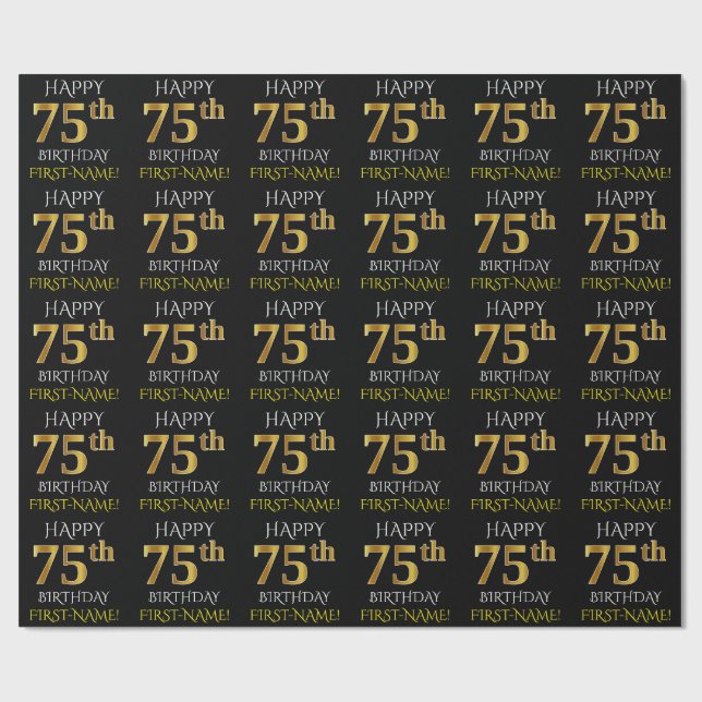 Black, Faux Gold "HAPPY 75th BIRTHDAY" Wrapping Paper (Flat)