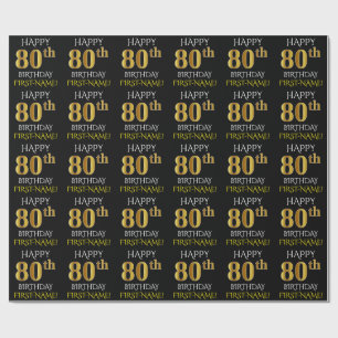 Black, Faux Gold "HAPPY 80th BIRTHDAY" Wrapping Paper