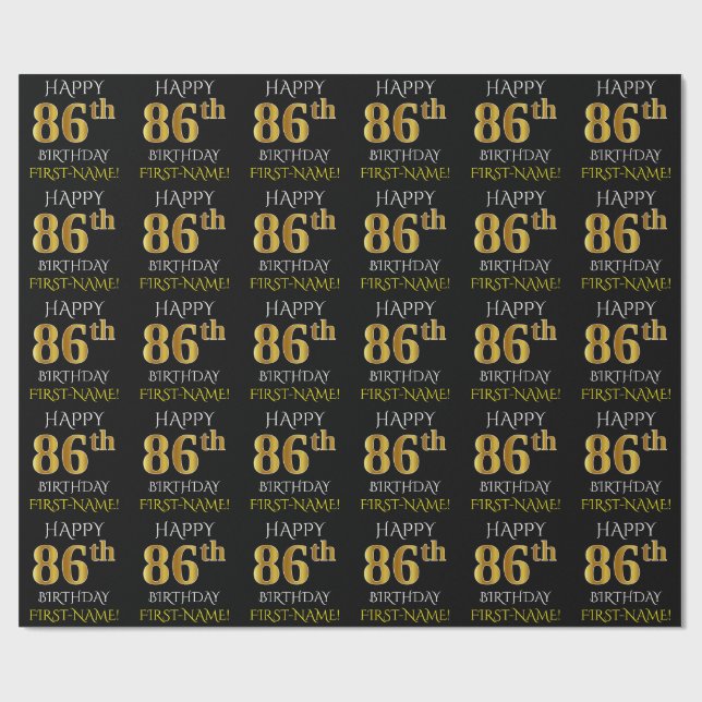 Black, Faux Gold "HAPPY 86th BIRTHDAY" Wrapping Paper (Flat)