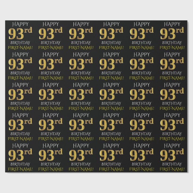 Black, Faux Gold "HAPPY 93rd BIRTHDAY" Wrapping Paper (Flat)