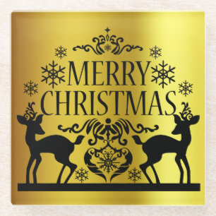 Black Faux Gold Merry Christmas Glass Coaster