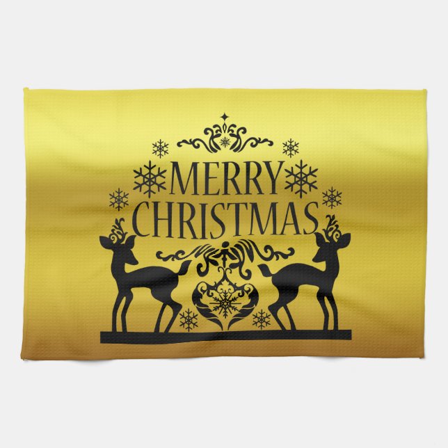 Black Faux Gold Merry Christmas Kitchen Hand Towel (Horizontal)