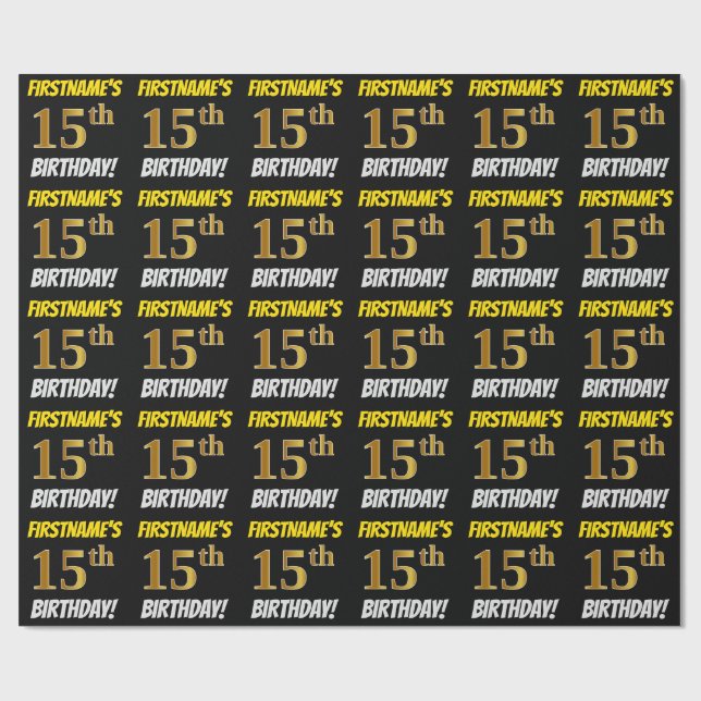 Black, Faux/Imitation Gold, "15th BIRTHDAY" Wrapping Paper (Flat)