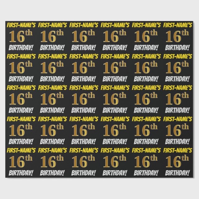 Black, Faux/Imitation Gold, "16th BIRTHDAY" Wrapping Paper (Flat)