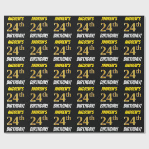 Black, Faux/Imitation Gold, "24th BIRTHDAY" Wrapping Paper