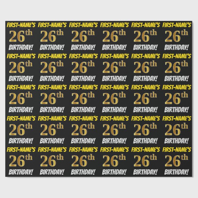 Black, Faux/Imitation Gold, "26th BIRTHDAY" Wrapping Paper (Flat)