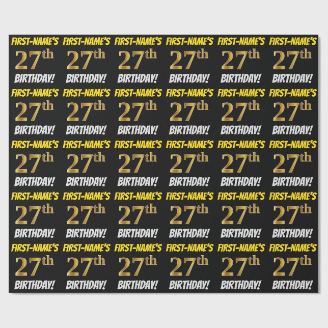 Black, Faux/Imitation Gold, "27th BIRTHDAY" Wrapping Paper (Flat)