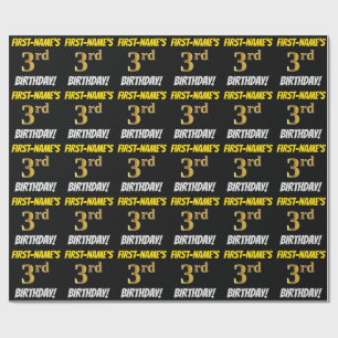 Black, Faux/Imitation Gold, "3rd BIRTHDAY" Wrapping Paper