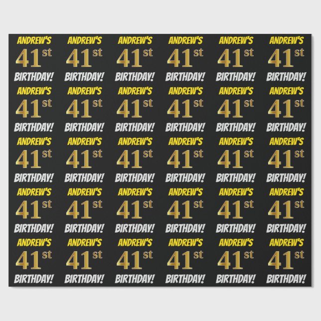 Black, Faux/Imitation Gold, "41st BIRTHDAY" Wrapping Paper (Flat)