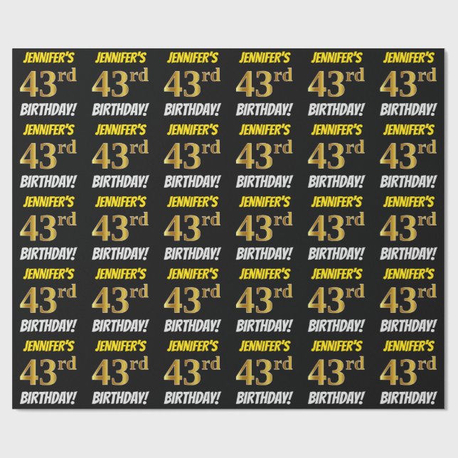 Black, Faux/Imitation Gold, "43rd BIRTHDAY" Wrapping Paper (Flat)