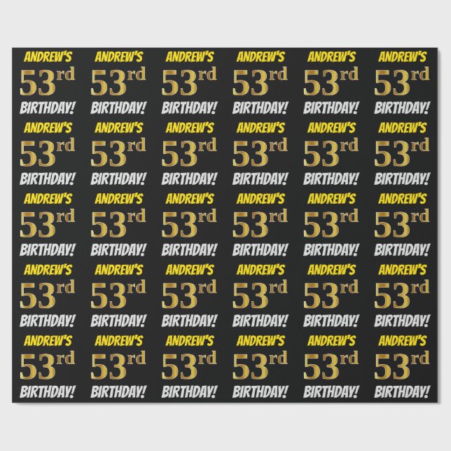 Black, Faux/Imitation Gold, "53rd BIRTHDAY" Wrapping Paper (Flat)