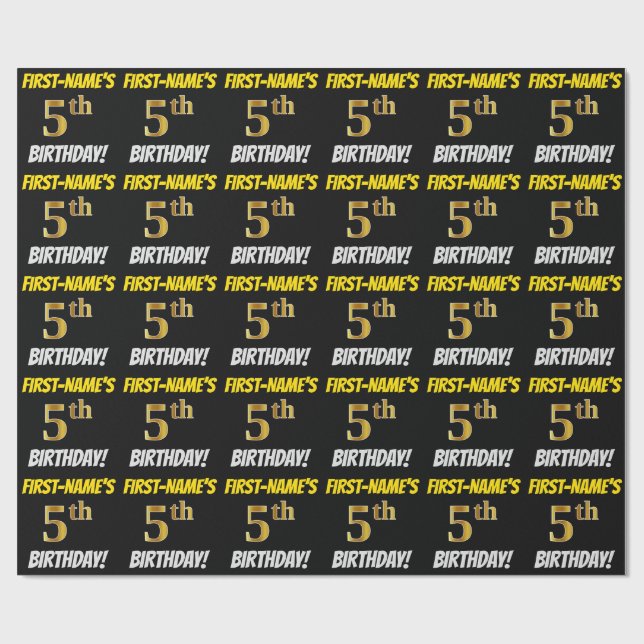 Black, Faux/Imitation Gold, "5th BIRTHDAY" Wrapping Paper (Flat)