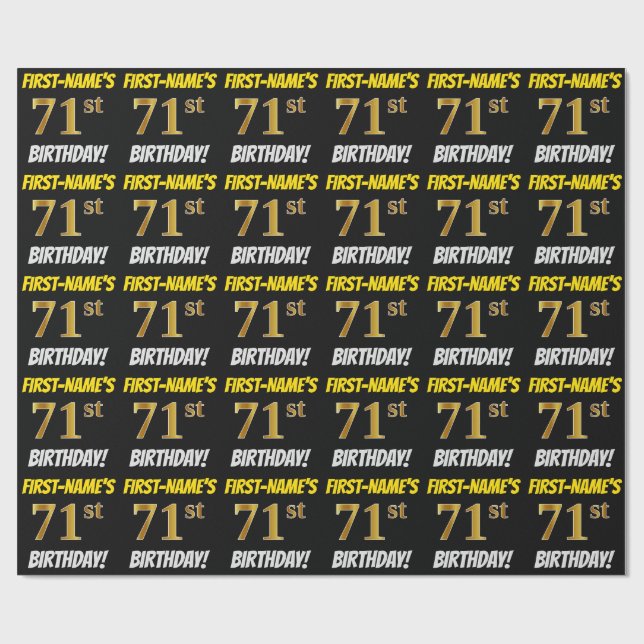 Black, Faux/Imitation Gold, "71st BIRTHDAY" Wrapping Paper (Flat)