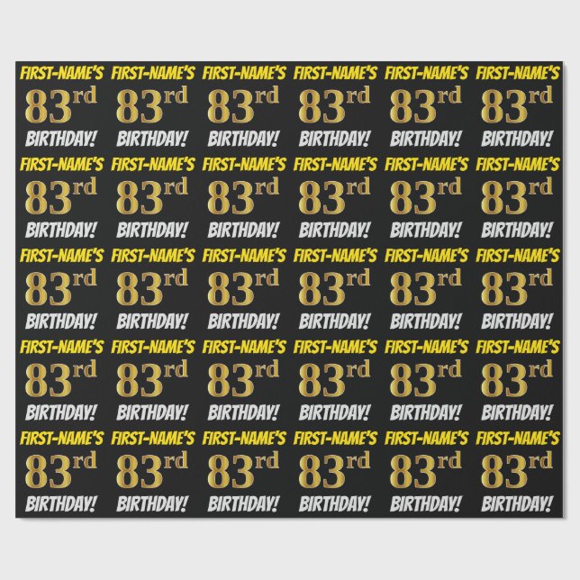 Black, Faux/Imitation Gold, "83rd BIRTHDAY" Wrapping Paper (Flat)