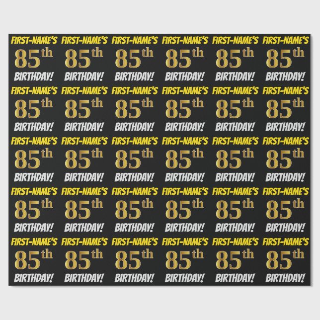 Black, Faux/Imitation Gold, "85th BIRTHDAY" Wrapping Paper (Flat)