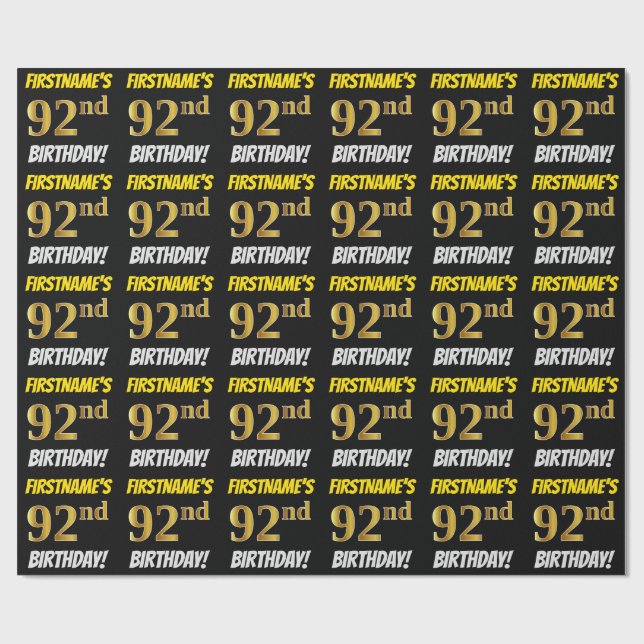 Black, Faux/Imitation Gold, "92nd BIRTHDAY" Wrapping Paper (Flat)