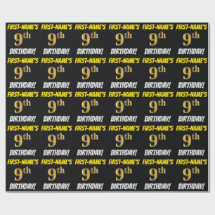Black, Faux/Imitation Gold, "9th BIRTHDAY" Wrapping Paper