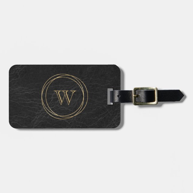 Black Faux Leather Gold Circles Monogram Luggage Tag (Front Horizontal)