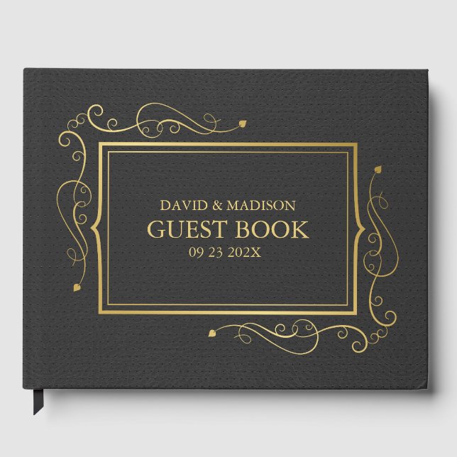 Black Faux Leather Gold Frame Guest Book 2 (Front)