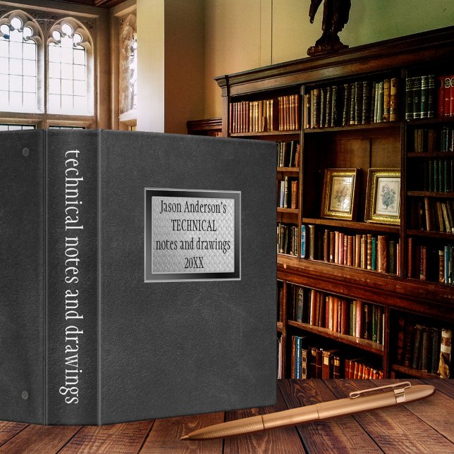 Black Faux Leather Tech Custom Binder (School or office binder in black faux leather with optional silvery metallic label (printed))