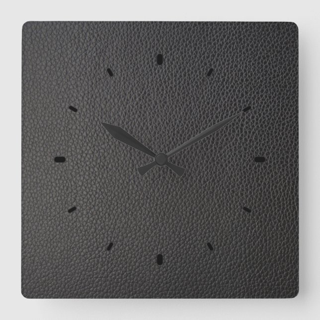 Black faux leather texture square wall clock (Front)