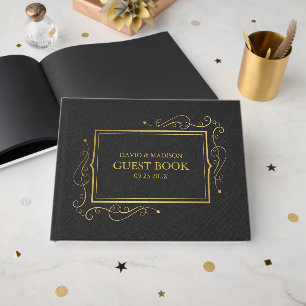 Black Faux Linen Gold Frame Guest Book