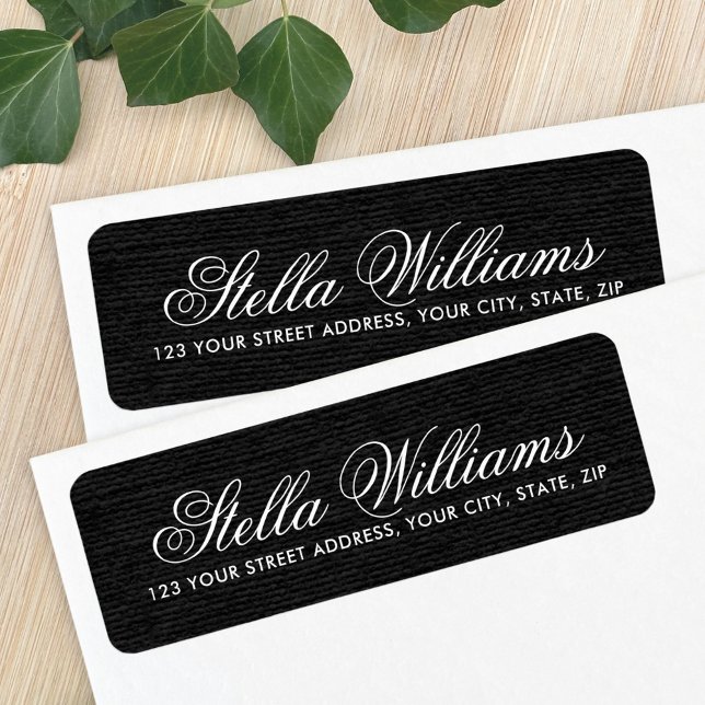 Black faux linen romantic script return address (Creator Uploaded)
