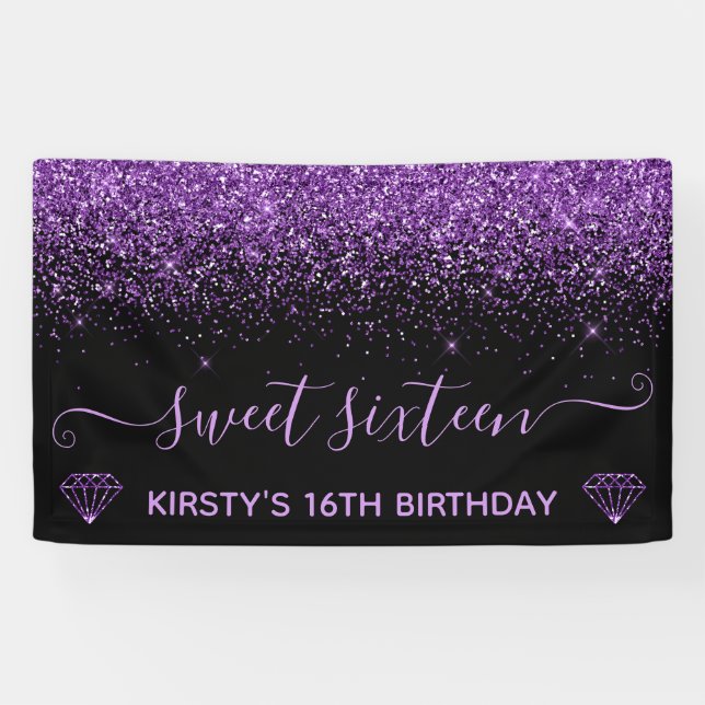 Black & Faux Purple Glitter Sweet 16 Banner (Horizontal)