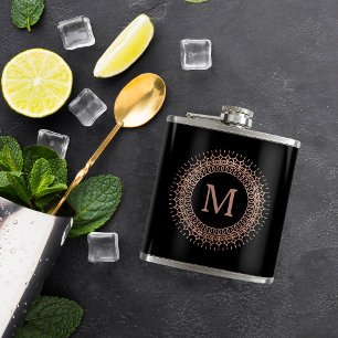 Black & Faux Rose Gold Elegant Initial Monogram Hip Flask