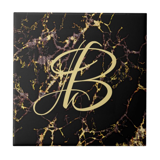 Black Faux Rusted Gold pattern  Ceramic Tile (Front)