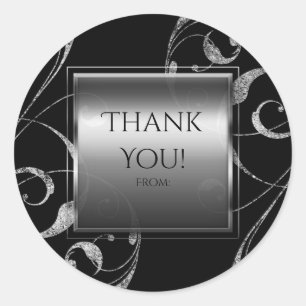 Black & Faux Silver Glass Floral Swirl Elegant Classic Round Sticker