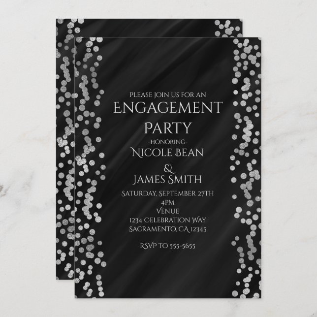 Black & Faux Silver Modern Glam Wedding Engagement Invitation (Front/Back)