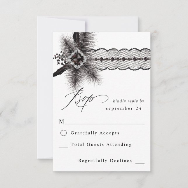 Black Feather & Lace w Meal RSVP Card (Front)