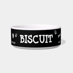 Black Feeding Modern Name Paw Hearts Doggy Bowl