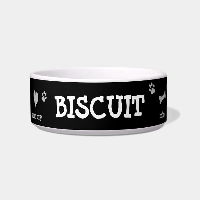 Black Feeding Modern Name Paw Hearts Doggy Bowl (Front)