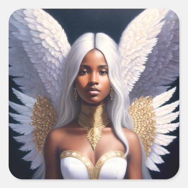 Black Female Angel White Wings Art  Square Sticker (Front)