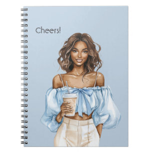 Black Female Blue Top Cheers Drink Notebook