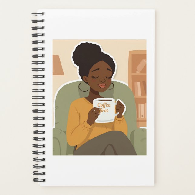 Black Female Drinking Coffee Planner (Front)