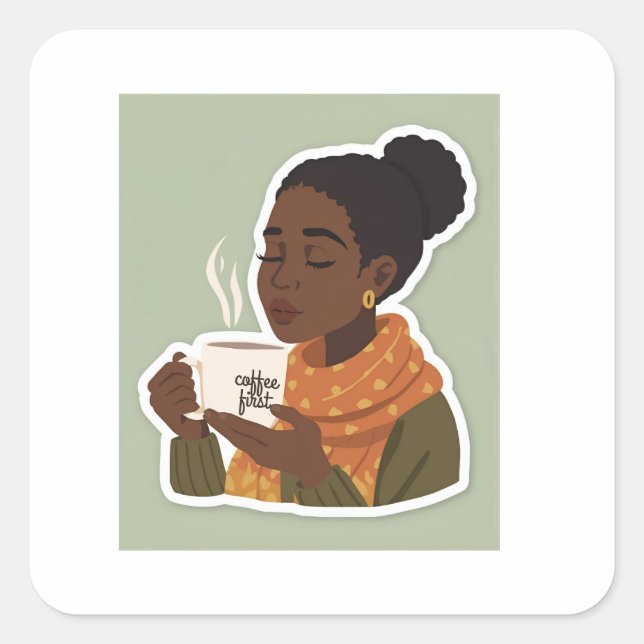 Black Female drinking coffee sticker (Front)