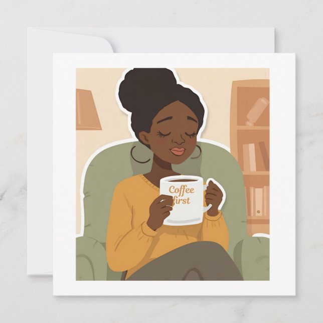 Black Female Drinking Coffee Thank You Card (Front)