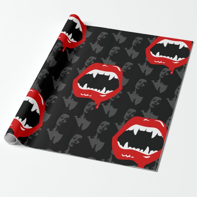 black female vampire fangs spooky halloween wrapping paper (Unrolled)