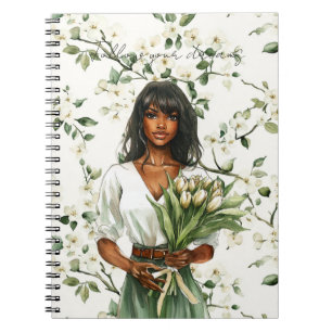 Black Female White Flowers Tulips Notebook