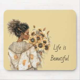 Black Female Yellow Sunflowers Mouse Pad