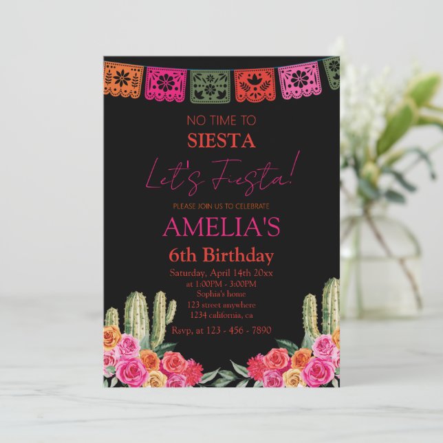 black Fiesta Mexican girl birthday Invitation (Standing Front)